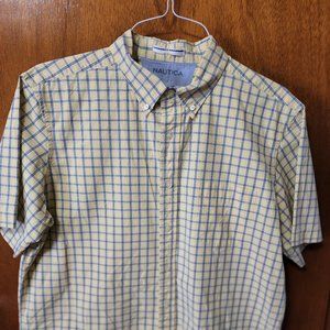 Men's Medium Nautica Yellow Blue White Plaid Short Sleeve Button Down Shirt